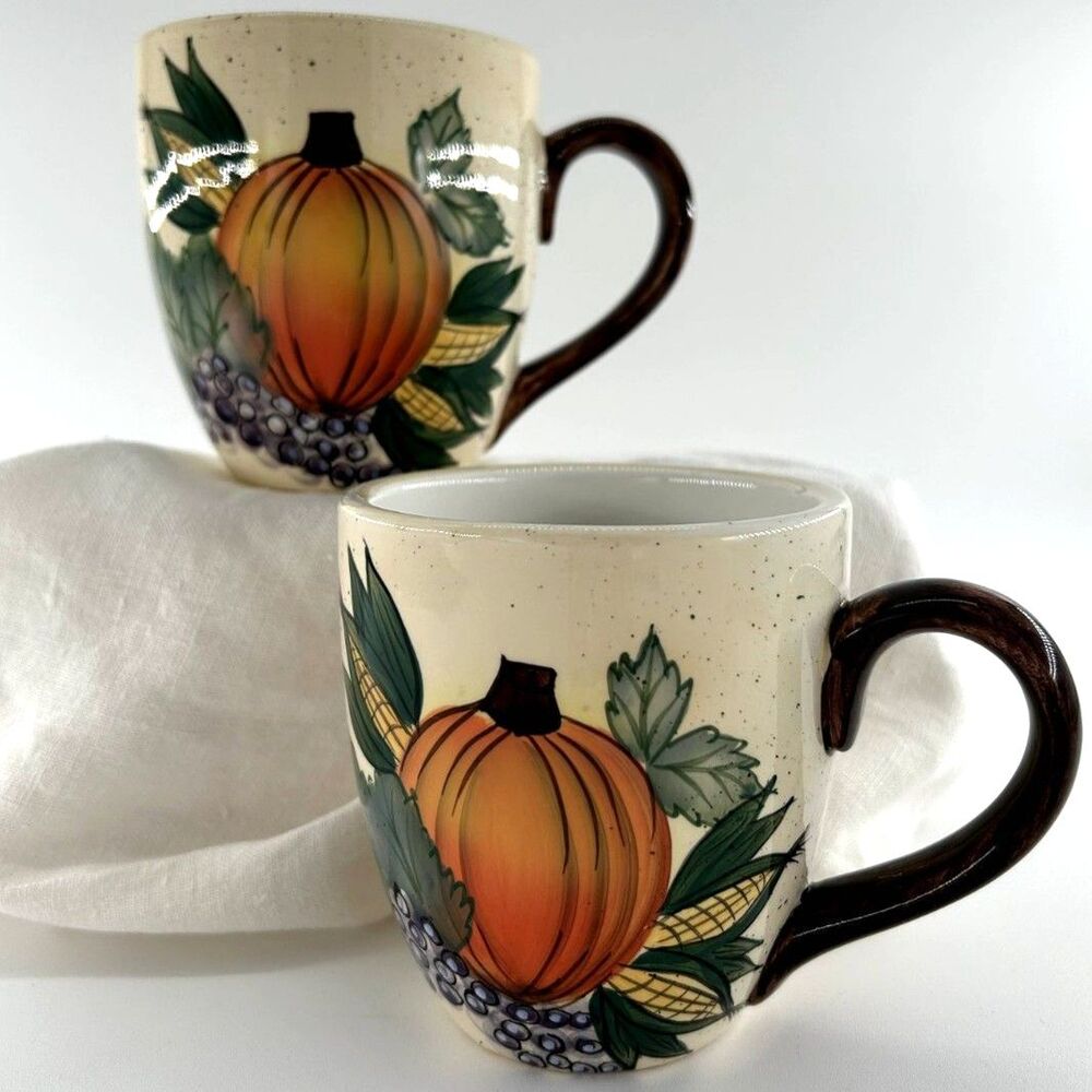 Brushes Handpainted KIC Set of Mugs Seasonal Multi Colored Fall Harvest Theme